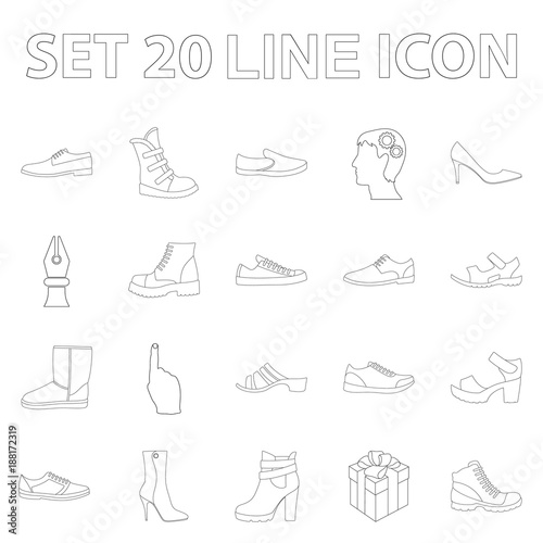 Different shoes outline icons in set collection for design. Men's and women's shoes vector symbol stock web illustration.