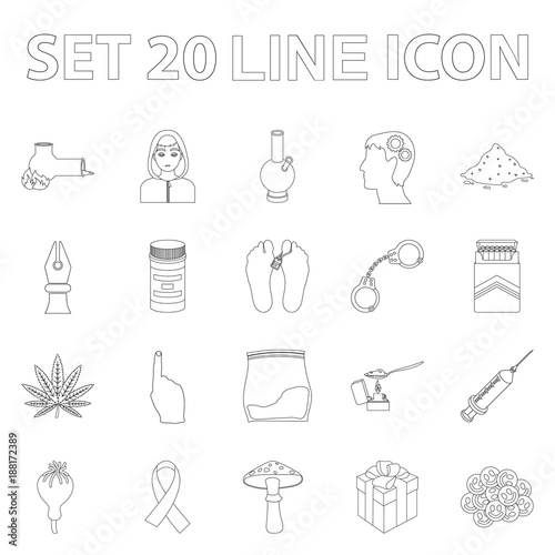 Drug addiction and attributes outline icons in set collection for design. Addict and Drug vector symbol stock web illustration.