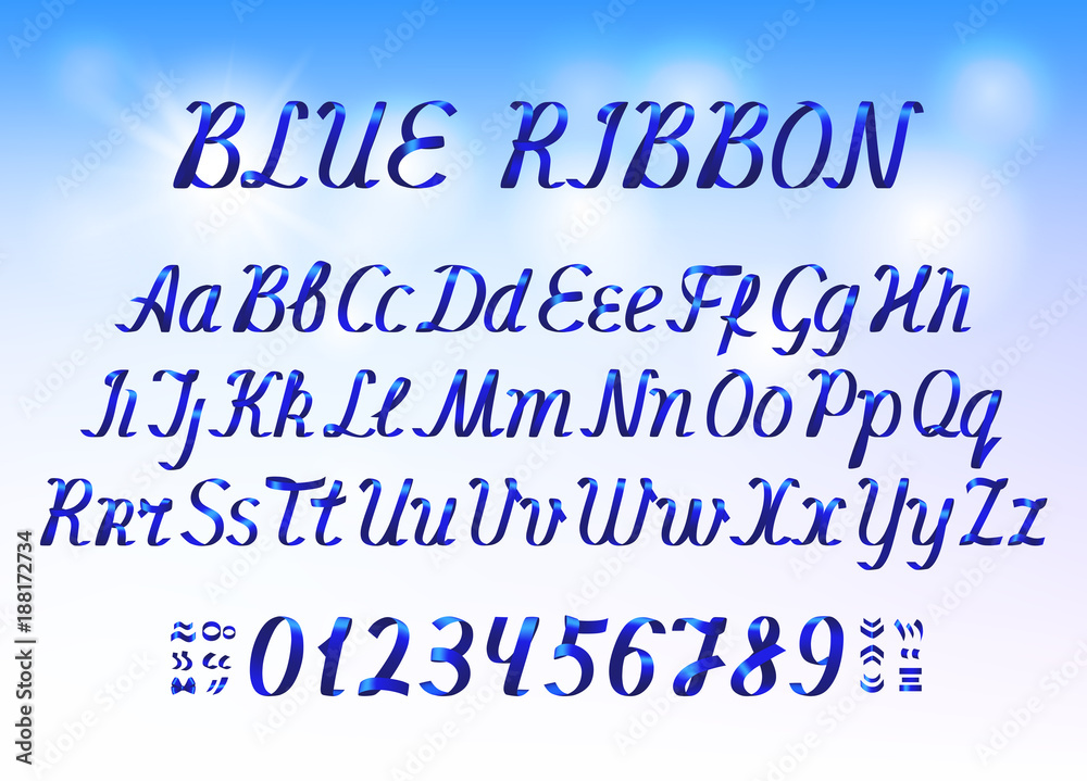 Blue ribbon alphabet letters and numbers on light blue background Stock ...