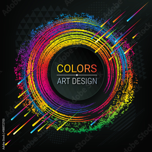 Vector dark background. Stylish frame. Bright spectral colors. Grunge texture. Smears are chalk. Geometric shapes and paint splashes. Modern abstract image. Template for registration of banners