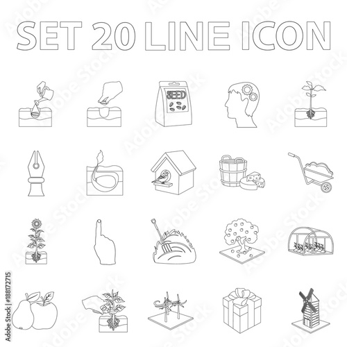 Farm and agriculture outline icons in set collection for design. Garden and plants isometric vector symbol stock web illustration.