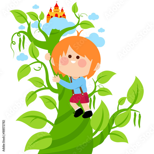Jack climbing on the magic beanstalk. Vector illustration