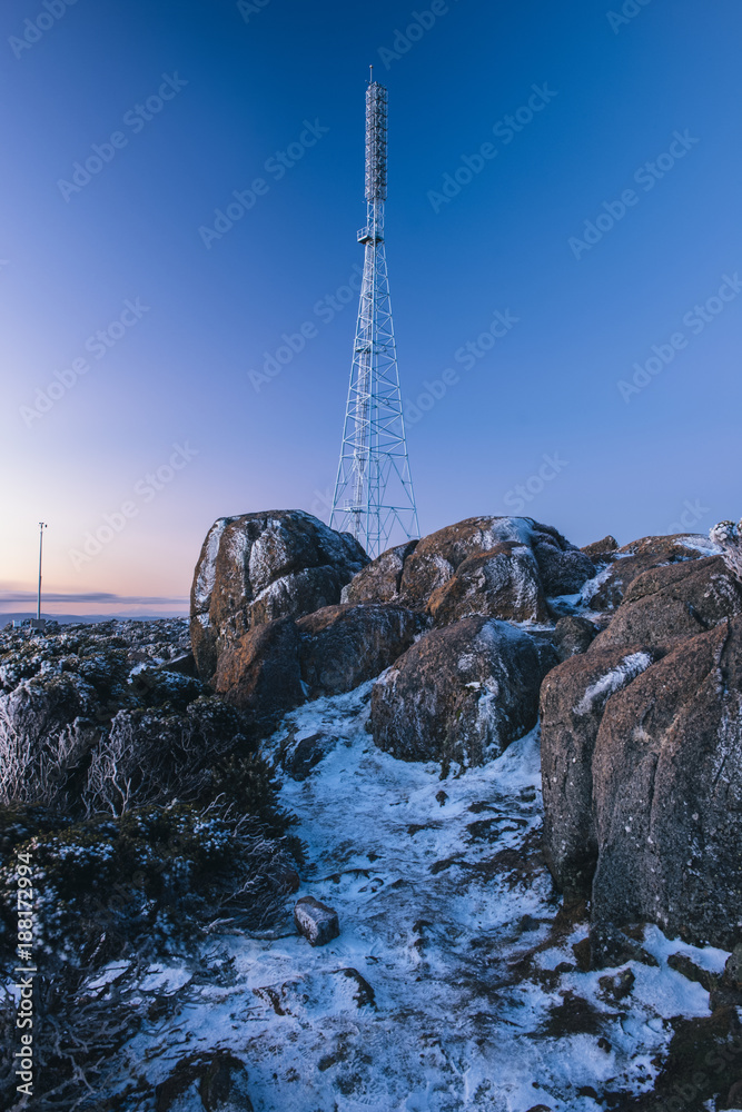 Communications radio tower in Hobart on Mount Wellington. Communications radio tower in Hobart on Mount Wellington.