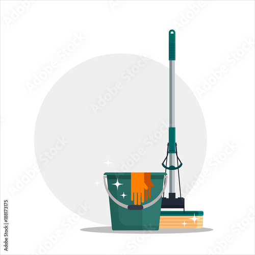 Cleaning service. Colorful set house cleaning tools with bucket, mop, glovers with place for your text. Detergent and disinfectant products, household equipment - flat vector illustration