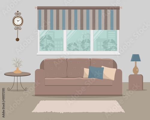 Brown sofa with pillows on a window background. There is a lamp, a table with flowers and a clock on the wall in the picture. Living room. Vector illustration.