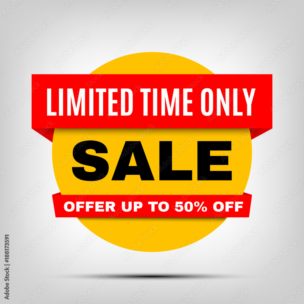 Round Sale banner, special offer red yellow tag. Limited time only