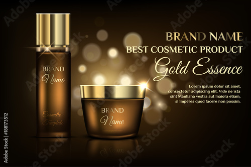 Wallpaper Mural A beautiful cosmetic templates for ads design, exhibition from realistic golden bottle and jar on a gold bokeh background Torontodigital.ca