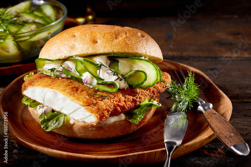 Photography Delicious seafood burger with crumbed fish fillet