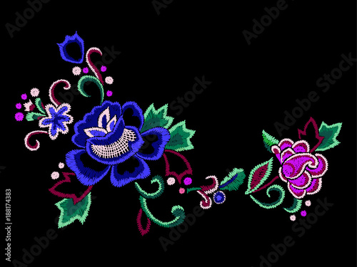 Embroidery native roses. Vector embroidered patch with flowers.