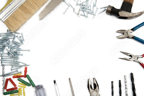 Border frame of Construction Tools on white background. Copy space inside..