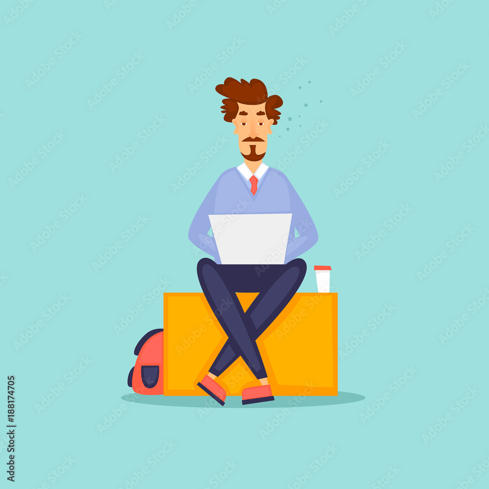 Young man working on the computer programmer, business analysis, design, strategy. Flat vector illustration in cartoon style. Young man working on the computer programmer, business analysis, design, strategy. Flat vector illustration in cartoon style.