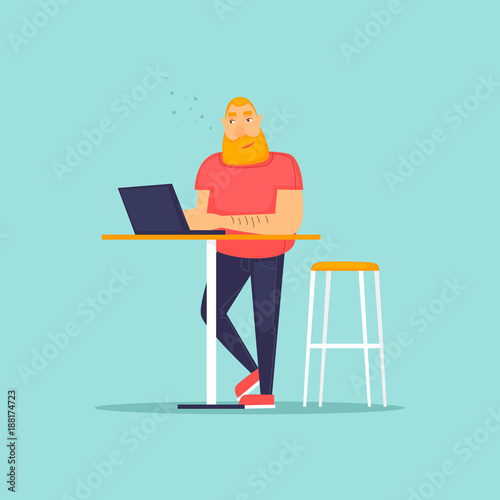 Young man working on the computer programmer, business analysis, design, strategy. Flat vector illustration in cartoon style.