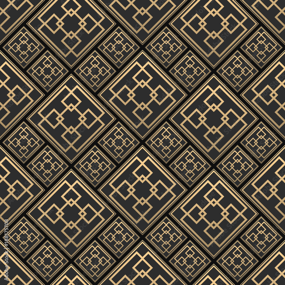 Seamless pattern in Art Deco style. Black and golden tilework. 3d effect ceramic tiles. Luxury background. Seamless pattern in Art Deco style. Black and golden tilework. 3d effect ceramic tiles. Luxury background.