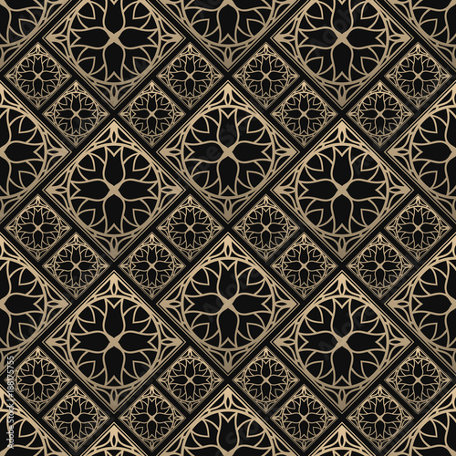 Seamless pattern oriental ornament. Black and golden textile print. Islamic vector design. Floral tiles.