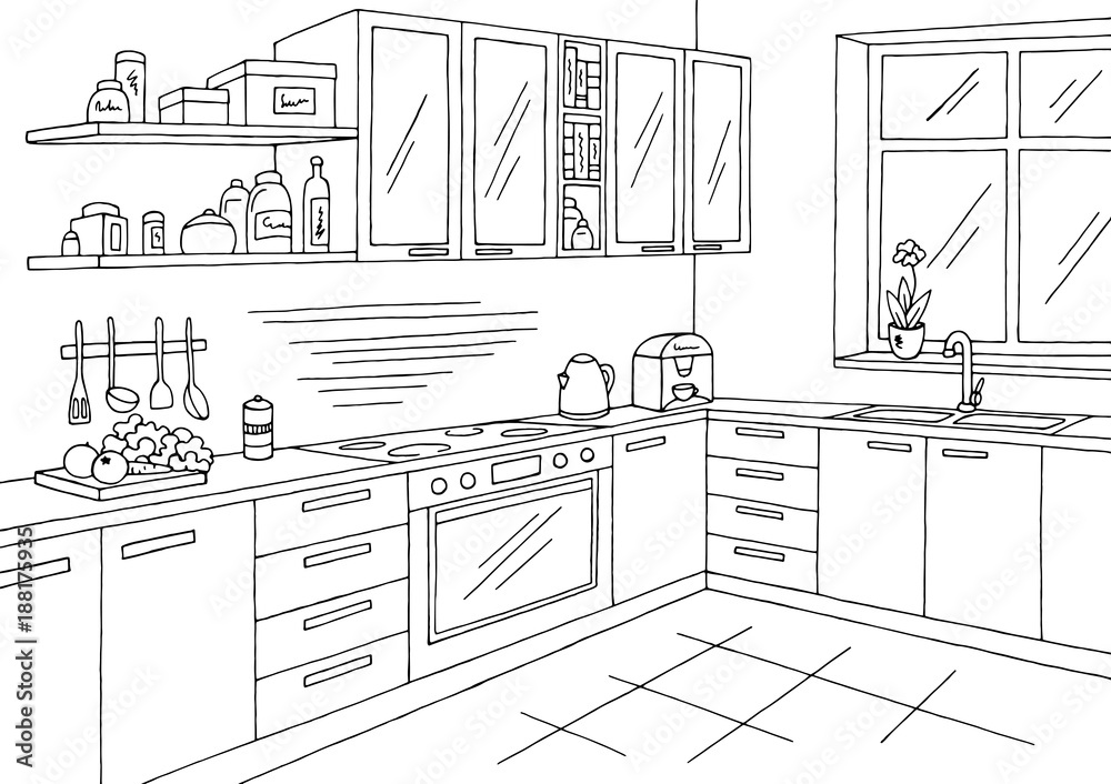 Kitchen room graphic black white interior sketch illustration vector Stock  Vector | Adobe Stock