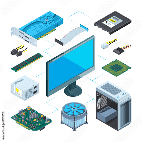 Isometric illustrations of computer hardware. Vector pictures set