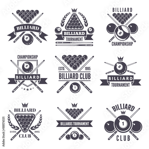 Monochrome labels or logos for billiard club. Vector illustrations of snooker balls