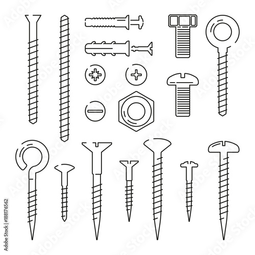 Monoline pictures of bolts, nuts, nails and screws. Vector illustrations set