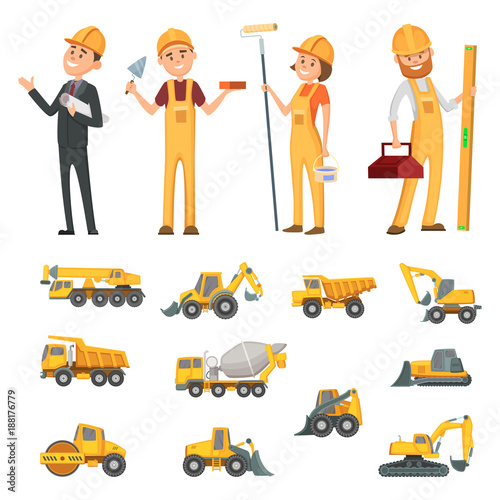 Male and female characters of builders and different illustrations of construction equipment, machines