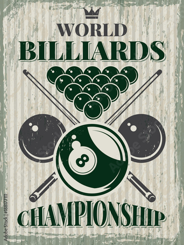 Retro sport poster for billiard club. Vector design template with place for your text