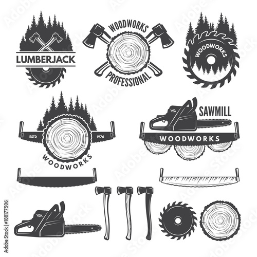 Monochrome labels set with lumberjack and pictures for wood industry photo