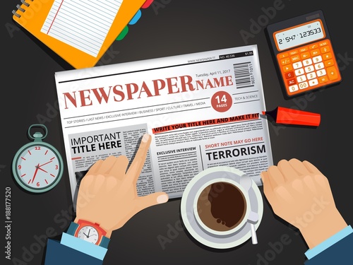 Businessman reading newspaper at the breakfast. Hands pointing