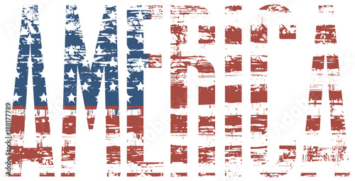 Vector graphic image of the word America with an american flag pattern in grunge style