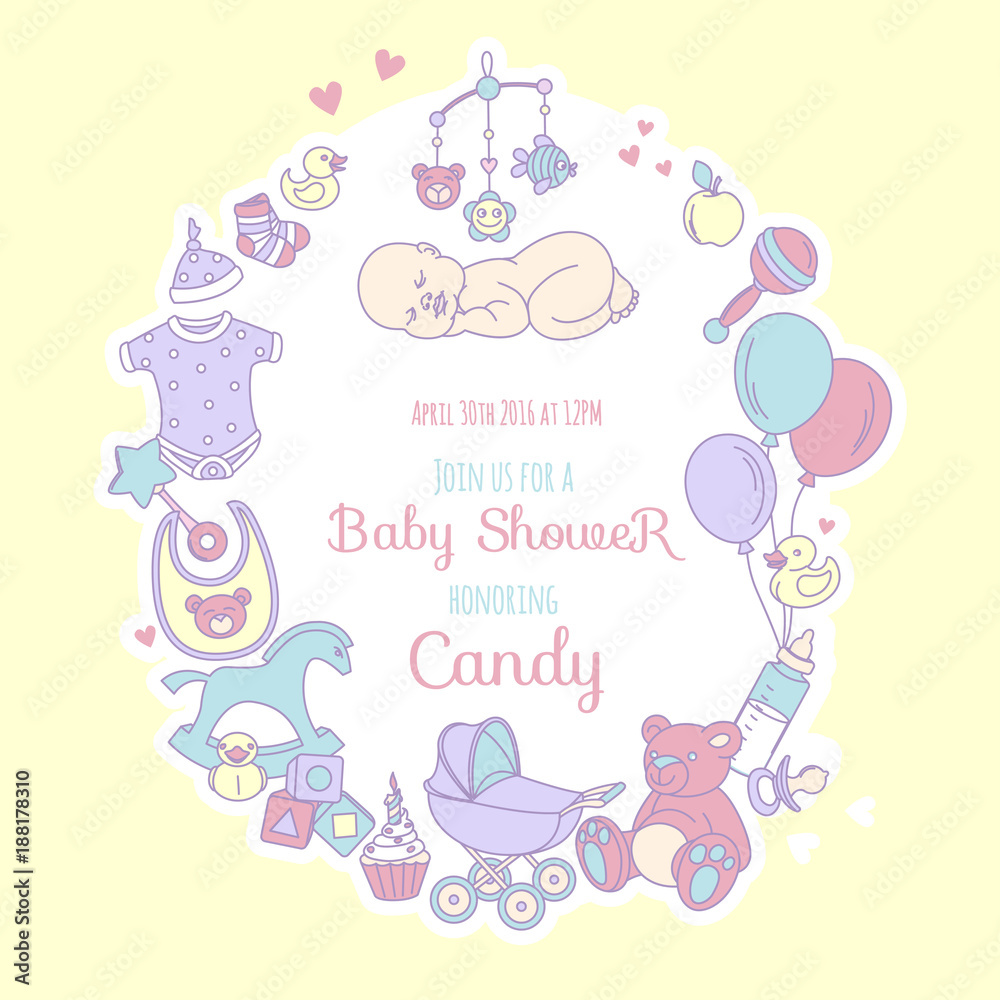 Fototapeta premium Vector illustration Cute baby shower invitation card for boy or girl, celebtation party invitation. Lovely background with balloons, sleeping baby, stroller, teddy bear, baby clothes, toys. Line style