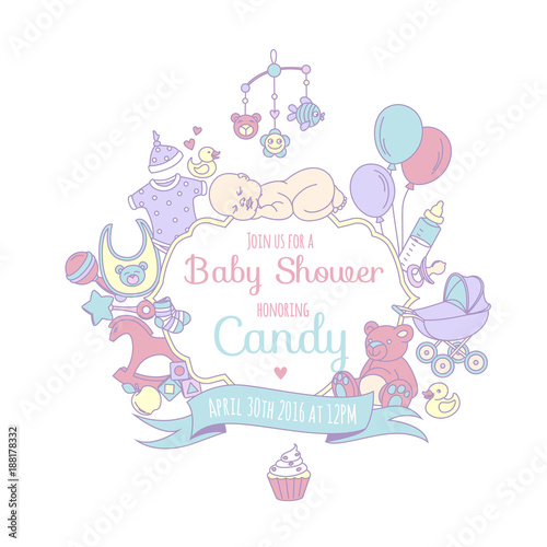 Vector illustration Cute baby shower invitation card for boy or girl  celebtation party invitation. Lovely background with balloons  sleeping baby  stroller  teddy bear  baby clothes  toys. Line style