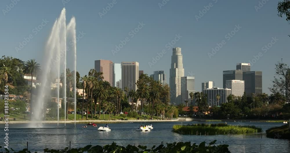Urban cityscape center of the city of Los Angeles looking over the lake in Echo Park