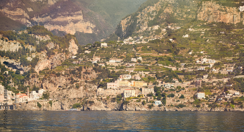 View from a boat on a small town in the mountains on the Amalfi coast