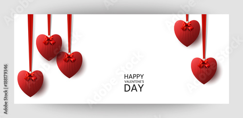 Horizontal gift design background with red knitted hearts. For Valentine's Day, Wedding, Birthday. For a banner, postcards. flyer, label, certificate, company card. Vector.