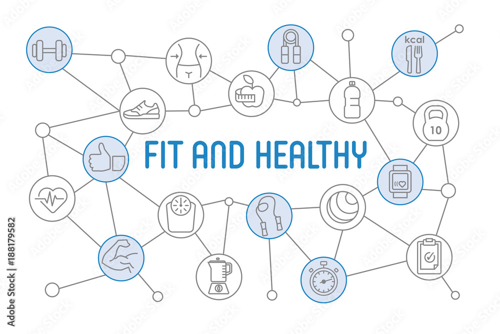 Fit and Healthy lifestyle banner. Design chart with thin line icons Fit and Healthy lifestyle banner. Design chart with thin line icons