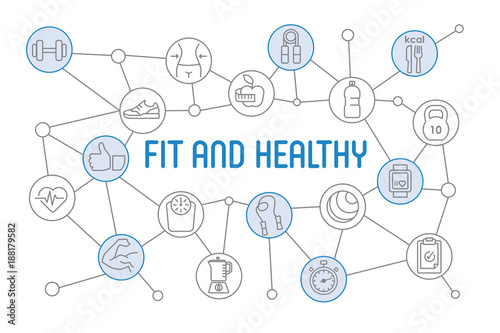 Fit and Healthy lifestyle banner. Design chart with thin line icons