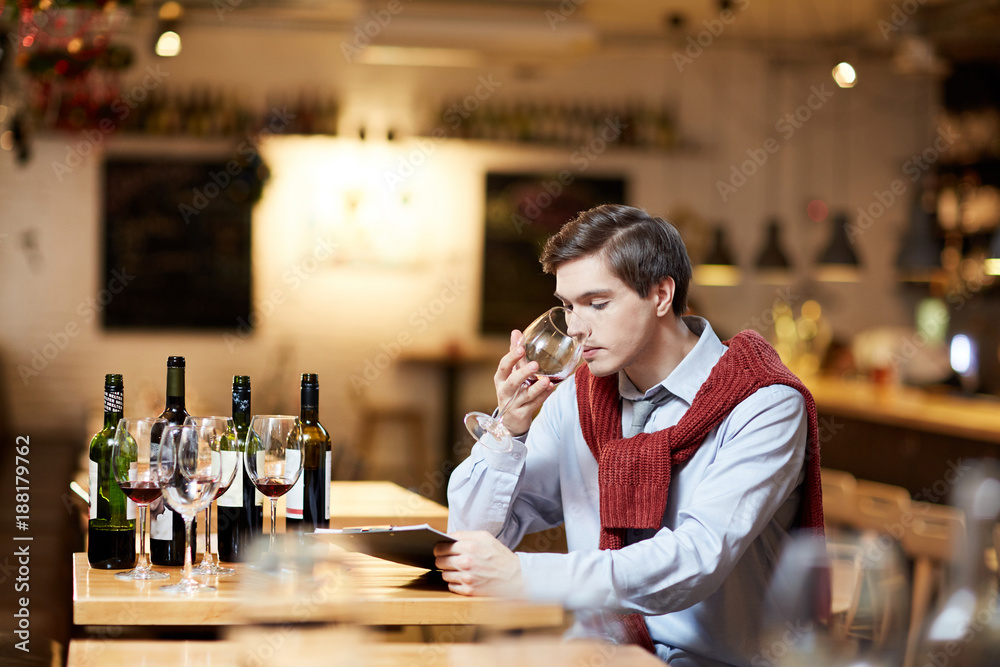 Young sommelier with wineglass tasting several sorts of red wine at work