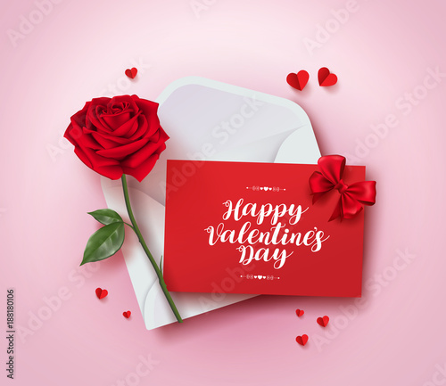 Happy valentines day greeting card vector design with love letter in envelope, rose and paper cut hearts in pink background for valentines day season. Vector illustration.
