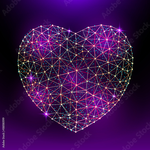 Vector heart to Happy Valentine's Day consisting of polygons and points on dark violet background. Vector illustration. Perfect to use for print layouts, web banners design and other creative projects © printstocker