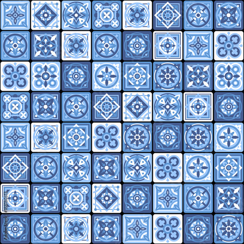Blue Portuguese Ceramic Mosaic Tile Floral Seamless Pattern. Vector