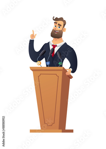 The peasant man speaking from the rostrum. Businessman or speaker speech. Rector in the classroom