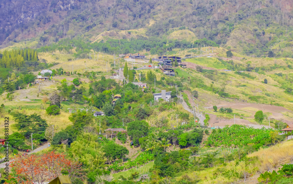 Mountain valley village landscape.