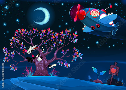 The woodpecker is saying hello to the airplane in the night