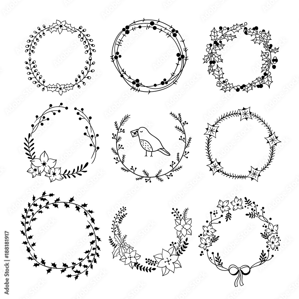 Hand drawn floral wreaths. Round frames for invitations and greeting cards