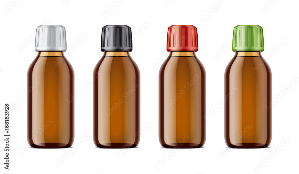 Blank bottles mockups for syrup or other pharmaceutical liquids. Light brown bottles Blank bottles mockups for syrup or other pharmaceutical liquids. Light brown bottles