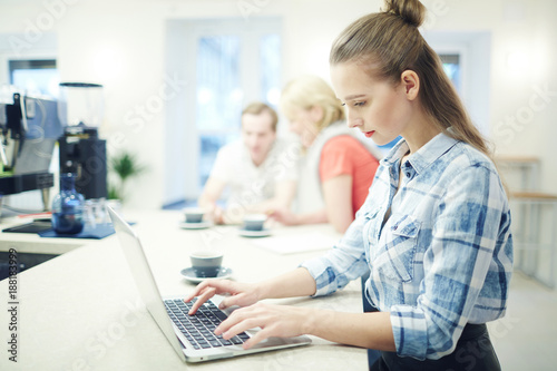 Young female looking for online data while preparing for new project in cafe after work