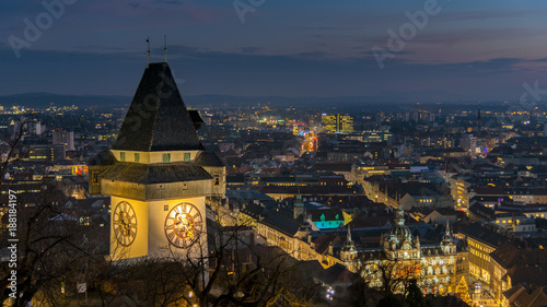 Graz clocktower at night, Styria, Austria