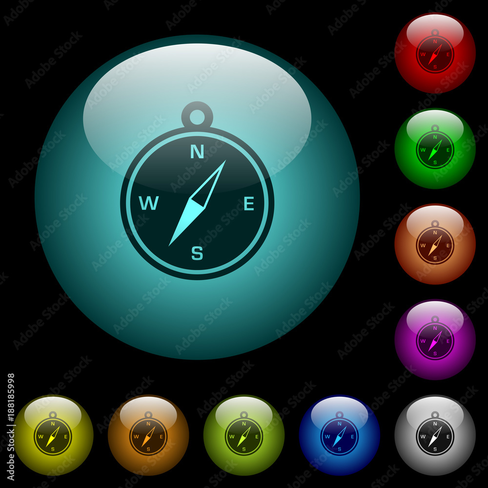Compass icons in color illuminated glass buttons Compass icons in color illuminated glass buttons