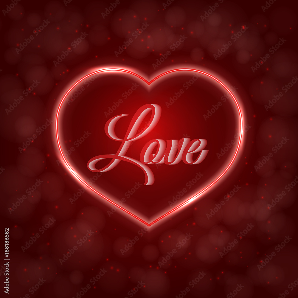 Red Valentine’s day greeting card with neon heart on blurred bokeh background. Romantic vector illustration. Easy to edit design template.