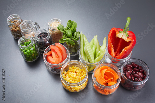 ingredients in jars for vegetable dish