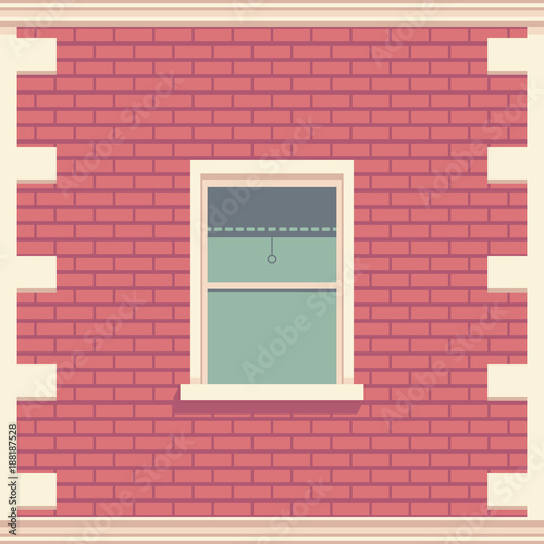 Classic window in brick wall. Architectural element of the building facade. Vector detailed illustration.