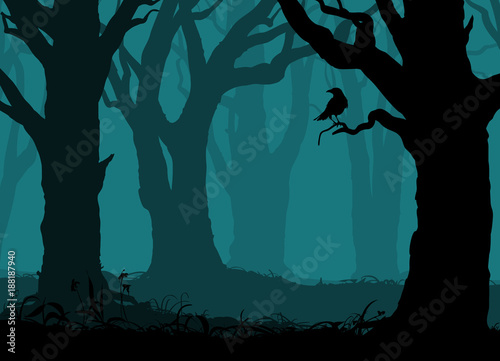 silhouette of the night forest with old trees and crow on the branch, vector illustration